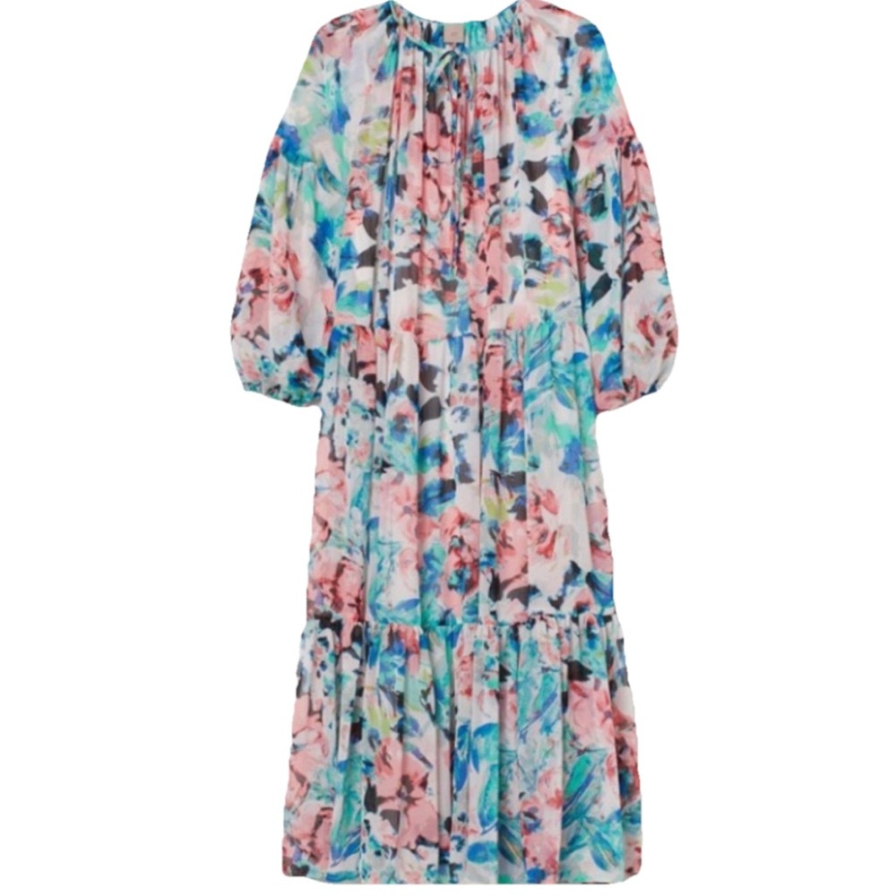 H&M Chiffon Floral Maxi Dress White Medium Long Sleeve Boho Conscious Collection